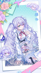  1girl 25-ji_miku absurdres aqua_eyes aqua_nails baicongdantui barefoot breasts collared_shirt commentary_request doll fingernails grey_hair hair_between_eyes hair_ornament hair_ribbon hatsune_miku heterochromia highres long_hair looking_at_viewer looking_back medium_breasts nail_polish open_mouth pink_eyes pink_ribbon project_sekai ribbon shirt soles solo twintails very_long_hair vocaloid white_background white_shirt 