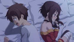  1boy 1girl bandaged_leg bandages bed_sheet belt black_choker black_gloves blush brown_belt brown_hair brown_thighhighs choker clenched_hand closed_mouth constricted_pupils dress fingerless_gloves game_asset gloves green_eyes grey_shirt hand_on_own_head highres kono_subarashii_sekai_ni_shukufuku_wo! kono_subarashii_sekai_ni_shukufuku_wo!_kono_yokubukai_game_ni_shinpan_o! long_sleeves looking_at_another looking_down lying megumin multicolored_skirt night non-web_source off-shoulder_dress off_shoulder official_art on_bed on_side open_mouth own_hands_together pillow red_dress red_eyes satou_kazuma self-datamine shirt short_hair short_hair_with_long_locks single_thighhigh skirt sweat thigh-highs upper_body v-shaped_eyebrows white_shirt 