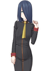  1girl aqua_eyes black_dress blue_hair blush breasts cassandra_ilion closed_mouth collared_dress commentary danmachi_battle_chronicle dress dungeon_ni_deai_wo_motomeru_no_wa_machigatteiru_darou_ka easy_(aqk7bdqt) hair_over_one_eye hand_up long_hair long_sleeves looking_at_viewer medium_breasts necktie solo straight_hair white_background yellow_necktie 