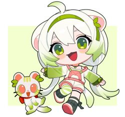  1girl :d ahoge animal_ears chibi commentary ferret_ears ferret_girl ferret_tail food fruit gradient_hair green_eyes green_hair green_hairband green_sleeves green_tail hairband highres jewelry lime_(fruit) lime_slice limealicious limealicious_(cozy) limon_(limealicious) looking_at_viewer multicolored_hair necklace open_mouth overall_shorts overalls pink_overalls rumbee single_thighhigh smile solo striped_clothes striped_thighhighs sweater thigh-highs vinesauce virtual_youtuber white_hair white_sweater 