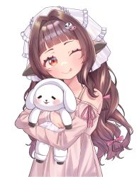  1girl :p absurdres animal_ears bare_shoulders bow brown_hair commentary english_commentary estelle_(vtuber) faaastt hair_bow hair_ornament highres holding holding_stuffed_toy indie_virtual_youtuber licking_lips long_hair looking_at_viewer mole mole_on_hand mole_on_neck mole_on_shoulder mole_under_mouth one_eye_closed pink_bow red_eyes sheep_ears sheep_girl sheep_hair_ornament smile solo stuffed_animal stuffed_sheep stuffed_toy tongue tongue_out virtual_youtuber white_background 