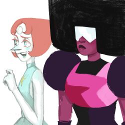  2girls afro animification chudochudes closed_mouth colored_blush colored_eyelashes colored_skin expressionless forehead_jewel garnet_(steven_universe) gem gem_(steven_universe) highres lips multiple_girls open_mouth pearl pearl_(steven_universe) pointy_nose purple_skin round_nose short_hair smile steven_universe thick_lips white_skin 