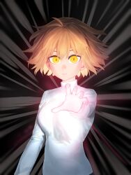  1girl absurdres antenna_hair arcueid_brunestud attack blonde_hair blue_skirt breasts commentary_request energy glowing highres imminent_attack kizzif0012 looking_at_viewer marble_phantasm mystic_eyes_of_enchantment outstretched_hand reaching reaching_towards_viewer scene_reference short_hair single_hair_intake skirt slit_pupils solo sweater tsukihime tsukihime_(remake) turtleneck turtleneck_sweater upper_body white_sweater yellow_eyes 