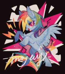  :d animal animal_focus arcojelly black_background chinese_commentary clouds commentary_request cutie_mark full_body highres lightning_bolt_symbol long_hair looking_at_viewer multicolored_hair my_little_pony my_little_pony:_friendship_is_magic no_humans no_lineart open_mouth pegasus pink_eyes pony_(animal) rainbow_dash rainbow_hair rearing red_eyes signature smile solo wings 
