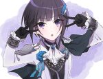  1girl ascot bangs black_capelet black_gloves black_hair black_shirt blue_flower blue_rose blunt_bangs brooch capelet chain chess_piece coat double_v expressionless feather_hair_ornament feathers flower gloves gold_chain hair_ornament idol idolmaster idolmaster_cinderella_girls jewelry knight_(chess) light_blush long_sleeves looking_at_viewer medallion official_alternate_costume open_mouth purple_background rose sado_(38kun) shirayuki_chiyo shirt short_hair sidelocks simple_background solo sparkle upper_body v violet_eyes white_coat white_uniform 