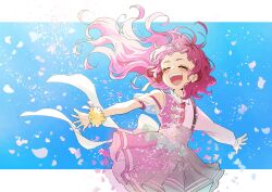  1girl asymmetrical_sleeves blush cheerleader closed_eyes clothing_cutout commentary_request cure_yell dual_persona falling_petals floating_hair hair_ribbon highres hugtto!_precure letterboxed long_hair magical_girl muginome_(bakuga_chan2) necktie nono_hana open_mouth outstretched_arms petals pink_hair pink_skirt precure ribbon scrunchie short_bangs shoulder_cutout skirt smile solo suspender_skirt suspenders wrist_scrunchie 