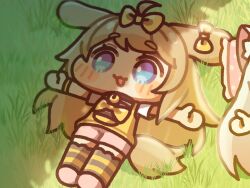  2girls :3 :d animal_ears blue_eyes blush_stickers bow bowtie brown_hair butter_(trickcal) commentary_request day dog_ears dog_girl dog_tail ear_bow full_body grass hair_bow highres kommy_(trickcal) long_hair lying multicolored_eyes multiple_girls on_back on_ground open_mouth outdoors peso_(pesomeren) pink_shoes pink_shorts shirt shoes short_sleeves shorts smile solo_focus striped_clothes striped_thighhighs tail thick_eyebrows thigh-highs trickcal two-tone_eyes violet_eyes white_shirt yellow_bow yellow_bowtie 