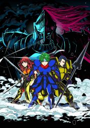  1girl 3boys absurdres alm_(fire_emblem) armor blue_hair breastplate celica_(fire_emblem) commentary_request duma_(fire_emblem) fire_emblem fire_emblem_gaiden green_hair helmet highres holding holding_polearm holding_sword holding_weapon long_hair looking_at_viewer miipu_(htnt7722) multiple_boys pauldrons polearm red_hair shoulder_armor smile spiked_pauldrons spikes standing sword valbar_(fire_emblem) weapon 