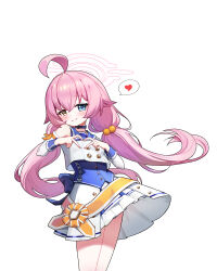  1girl absurdres ahoge bare_shoulders blue_archive blue_eyes blue_vest blush closed_mouth commentary_request detached_sleeves four-finger_heart_hands hair_between_eyes halo heart heart_hands heterochromia highres hoshino_(blue_archive) long_hair long_sleeves looking_at_viewer pink_hair pink_halo pleated_skirt shirt simple_background skirt sleeveless sleeveless_shirt smile solo spoken_heart twintails vest white_background white_shirt white_skirt wuyin yellow_eyes 