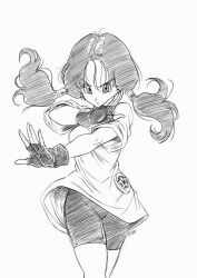  1girl absurdres bike_shorts black_hair closed_mouth cowboy_shot dragon_ball dragon_ball_z fighting_stance fingerless_gloves gloves greyscale highres lineart looking_at_viewer monochrome open_hand outstretched_arm oversized_clothes oversized_shirt roub3d serious shirt short_sleeves signature simple_background sketch solo twintails videl white_background 