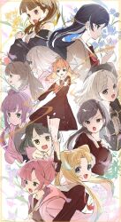  6+girls :d ampere_(love_live!) anyoji_hime aqua_eyes black_hair black_jacket blonde_hair bloom_garden_party_jacket blue_flower blue_hair brown_cardigan brown_dress brown_hair cardigan center_frills ceras_yanagida_lilienfeld commentary dress flower frilled_shirt frills fujishima_megumi gradient_hair green_eyes grey_hair hair_ornament half_updo hasu_no_sora_school_uniform highres hikari_no_naka_de_hana_saite hinoshita_kaho hood hood_down hooded_jacket jacket katsuragi_izumi long_hair long_sleeves love_live! love_live!_hasu_no_sora_jogakuin_school_idol_club love_live!_hasu_no_sora_jogakuin_school_idol_club_bloom_garden_party medium_hair momose_ginko multicolored_hair multiple_girls murano_sayaka neckerchief off_shoulder open_cardigan open_clothes open_jacket open_mouth orange_eyes orange_hair osawa_rurino otomune_kozue pink_hair pink_jacket ponytail purple_flower red_neckerchief red_streaks sailor_collar sailor_dress school_uniform shirt short_hair side_ponytail sidelocks smile star_(symbol) star_hair_ornament streaked_hair theater_ikizama twintails two_side_up v-shaped_eyebrows virtual_youtuber white_sailor_collar white_shirt winter_uniform yellow_flower yugiri_tsuzuri zen66574227 