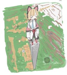  1girl animal_ear_headphones animal_ears blonde_hair blue_archive blue_necktie cat_ear_headphones cat_ears fake_animal_ears halo headphones low-tied_sidelocks minecraft momoi_(blue_archive) necktie pink_halo sidelocks sketch yaruki_(kodlerqzjufgnkp) 