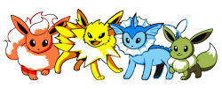  animal_focus closed_mouth commentary derivative_work eevee english_commentary evolutionary_line flareon full_body grapetylenol highres jolteon limited_palette no_humans open_mouth pokemon pokemon_(creature) pokemon_focus pokemon_red/green/blue/yellow simple_background smile sprite_redraw vaporeon white_background 