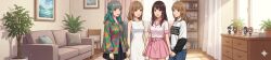  4girls ai-generated anime_figures asmr_artist black_skirt blue_eyes brown_hair denim dress green_dress green_hair highres idol jeans kendo_ren multiple_girls niconico_douga original pants pink_dress pink_skirt shirt skirt slender_girl streamers utaite white_shirt wide_image youtube 