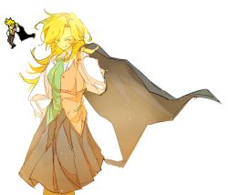  1girl black_cape blonde_hair blush breasts brown_skirt cape closed_eyes collared_shirt colored_skin commentary cowboy_shot deltarune floating_clothes flowery_(deltarune) genderswap genderswap_(mtf) green_vest grin hand_on_own_hip hand_up highres holding holding_unworn_cape holding_unworn_clothes lingxiankong1 multicolored_vest photo-referenced red_vest shirt skirt smile solo swept_bangs two-tone_vest unworn_cape utdr_(toby_fox) vest white_background white_shirt wing_collar yellow_skin 