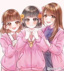  3girls 6th_live_dream_~bloom_garden_party~ :d black_hair black_skirt bloom_garden_party_jacket blush brown_dress brown_eyes brown_hair cerise_bouquet commentary_request cosplay dress flower flower_stand_art gerbera grey_sweater hair_flower hair_ornament hanamiya_nina hasu_no_sora_school_uniform highres hinoshita_kaho hood hood_down hooded_jacket jacket long_hair long_sleeves love_live! love_live!_hasu_no_sora_jogakuin_school_idol_club love_live!_hasu_no_sora_jogakuin_school_idol_club_bloom_garden_party meiji_(mosamoo3) mole mole_under_eye momose_ginko multiple_girls neckerchief nirei_nozomi open_clothes open_jacket open_mouth orange_flower otomune_kozue otomune_kozue_(cosplay) peanut_mouth pink_jacket rabbit_hair_ornament ribbed_sweater sailor_collar sailor_dress sakurai_hina school_uniform short_hair skirt smile sweater voice_actor_connection white_sailor_collar winter_uniform yellow_flower yellow_neckerchief 