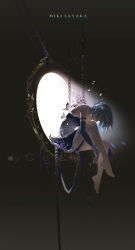  armlet artist_name bare_legs bare_shoulders barefoot black_background blue_eyes blue_hair blue_shirt blue_skirt blue_sleeves bug butterfly ceey chain character_name chinese_commentary commentary_request detached_sleeves feet frilled_shirt frills gloves highres jewelry leaning_forward light_particles long_sleeves looking_down magical_girl mahou_shoujo_madoka_magica mahou_shoujo_madoka_magica_(anime) miki_sayaka miniskirt pleated_skirt pointy_nose shirt short_hair sitting skirt strapless strapless_shirt toes two-tone_shirt watermark white_butterfly white_gloves white_shirt 