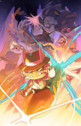  3boys \n/ animal_ears black_fur black_pants black_suit clockie_(honkai:_star_rail) commentary cyanroll english_commentary fangs fangs_out fedora furry furry_male grin hamster_ball_knight_(honkai:_star_rail) hamster_boy hamster_ears hanu_(honkai:_star_rail) hat highres holding holding_rocket_launcher holding_weapon honkai:_star_rail honkai_(series) multiple_boys one_eye_closed open_mouth pants riding_rocket rocket_launcher scar scar_across_eye scar_on_face smile smoking_pipe suit sunglasses tail television waving weapon wolf_boy wolf_ears wolf_tail 