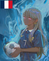  2026_fifa_world_cup aura ball blonde_hair blue_aura blue_background blue_shirt dark-skinned_female dark_skin earrings france french_flag holding holding_ball jewelry long_hair looking_at_viewer nike_(company) original pink_nails red_eyes shirt soccer soccer_ball soccer_uniform sportswear star_(symbol) star_earrings world_cup yugen99 