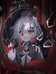  1girl beret black_choker black_coat black_hat broken_glass broken_mirror bug butterfly choker closed_mouth coat collared_coat commentary flower glass glass_shards gradient_hair hair_flower hair_ornament hat hat_flower hat_ribbon highres kuramidomoyasi looking_at_viewer mahou_shoujo_no_majo_saiban mirror multicolored_hair neck_ribbon pink_eyes pink_hair red_butterfly reflection reflection_focus ribbon sakuraba_ema shirt short_hair sleeveless sleeveless_coat smile solo untranslatable_commentary white_flower white_hair white_ribbon white_shirt x_hair_ornament 