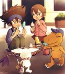  1boy 1girl agumon bangs blue_hairband blue_headwear blue_jacket brother_and_sister brown_eyes brown_hair brown_pants cat cat_tail child colored_skin digimon digimon_(creature) digimon_adventure food goggles goggles_around_neck grin hair_between_eyes hairband happy ice_cream jacket knees_up looking_at_another miniskirt orange_skin outdoors pants pink_jacket pu_lyong red_skirt sharp_teeth shiny shiny_hair siblings skirt smile tail tailmon teeth yagami_hikari yagami_taichi 