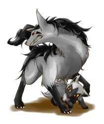  black_fur claws colored_sclera commentary_request evolutionary_line full_body grey_fur midori12fawn mightyena no_humans pokemon pokemon_(creature) pokemon_focus poochyena red_eyes white_background yellow_sclera 