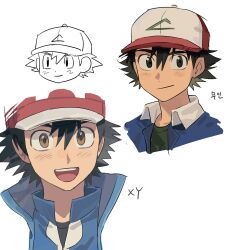  2boys ash_ketchum baseball_cap black_eyes black_hair blue_jacket commentary_request dual_persona hair_between_eyes hat highres jacket jungeoljungeol korean_commentary male_focus multiple_boys open_mouth pokemon pokemon_(anime) pokemon_(classic_anime) pokemon_the_series:_xy smile 