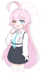  1girl :d absurdres ahoge black_skirt blue_archive blue_eyes blue_necktie blush chuttttty_ill collared_shirt commentary_request cowboy_shot fang hair_between_eyes halo hand_up heterochromia highres hoshino_(blue_archive) long_hair long_sleeves miniskirt necktie open_mouth orange_eyes pink_hair pink_halo plaid_clothes plaid_skirt pleated_skirt shirt skin_fang skirt smile white_shirt 