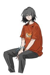  1boy blue_eyes buster_shirt_(fate) fate/grand_order fate_(series) grey_hair grey_pants highres invisible_chair ki_wa001 male_focus oberon_(fate) oberon_(third_ascension)_(fate) pants sitting unworn_headwear white_background 