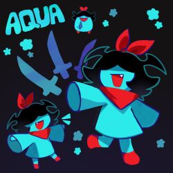  1girl aqua_(deltarune) aqua_dress aqua_skin aqua_theme black_background black_hair colored_skin commentary deltarune dress english_commentary fang hair_over_eyes hair_ribbon highres knife miikrowelle red_ribbon red_scarf red_shoes ribbon scarf shoes utdr_(toby_fox) 