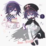  ! 1boy bandana black_cape black_headwear bottle cake cape checkered_clothes chinese_commentary closed_mouth commentary_request danganronpa_(series) danganronpa_v3:_killing_harmony dated food hat heart highres holding holding_bottle holding_plate lemonail long_sleeves male_focus multiple_views ouma_kokichi plastic_bottle plate purple_hair shirt short_hair smile speech_bubble spoken_exclamation_mark star_(symbol) violet_eyes white_shirt 