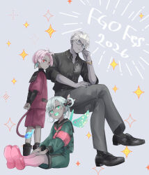  1girl 2boys aqua_eyes black-framed_eyewear black_nails black_shirt black_shoes blue_eyes blue_hair boots boy_vajra_(fate) boy_vajra_(fgo_fes._2026)_(fate) collared_shirt colored_skin commentary_request crossed_legs dark-skinned_female dark_skin earrings fate/grand_order fate_(series) fuyuse_yuzu girl_vajra_(fate) girl_vajra_(fgo_fes._2026)_(fate) glasses green_eyes green_shorts grey_background grey_pants grey_skin hair_rings highres indra_(fate) indra_(fgo_fes._2026)_(fate) invisible_chair jewelry long_sleeves looking_at_viewer male_focus multiple_boys neckerchief open_mouth pants parted_bangs pink_hair red_eyes red_shirt round_eyewear sailor_collar school_uniform shirt shoes short_hair shorts sitting smile socks sparkle tail virtual_youtuber white_hair wings 