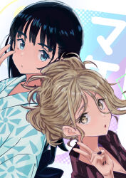  2girls absurdres basori_tiara black_hair black_nails blue_eyes blue_kimono brown_eyes brown_hair commentary_request highres imzen japanese_clothes kimono looking_at_viewer make_heroine_ga_oo_sugiru! medium_hair messy_hair mole mole_on_neck multiple_girls nail_polish parted_lips print_kimono purple_kimono shikiya_yumeko upper_body v yukata 