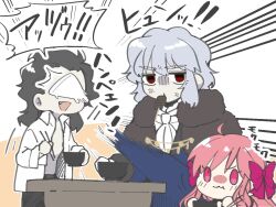  1girl 2boys ahoge anger_vein angry ascot averting_eyes black_hair black_pants blue_coat blush bow bowl chopsticks coat collared_shirt covered_eyes dead_apostle_noel_(tsukihime) eating fang food formal_clothes fur_coat hair_bow hair_slicked_back holding holding_bowl holding_chopsticks live_unyanya long_hair medium_hair messy_hair michael_roa_valdamjong multiple_boys noel_(tsukihime) oden pale_skin pants pink_bow pink_eyes pink_hair shirt sidelocks slapping smile solid_oval_eyes table throwing translation_request tsukihime tsukihime_(remake) two_side_up vampire vlov_arkhangel wavy_sidelocks white_hair white_shirt 