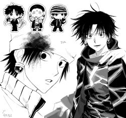  absurdres book chibi chibi_inset chrollo_lucilfer coat commentary_request earrings greyscale hair_slicked_back hat headband highres holding holding_book hunter_x_hunter jacket jewelry jungeoljungeol korean_commentary korean_text monochrome multiple_persona translation_request 