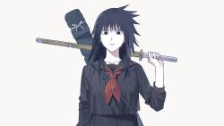  1girl bag black_eyes black_hair black_serafuku breasts genderswap genderswap_(mtf) highres holding holding_weapon jungeoljungeol light_frown long_hair long_sleeves medium_breasts naruto_(series) naruto_shippuuden school_uniform serafuku shinai solo straight-on sword uchiha_sasuke upper_body weapon 