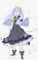  1girl :d a-line_dress angel_wings arm_at_side arm_up ascot azusa_(blue_archive) black_dress black_sailor_collar black_socks blue_archive bow bow_legwear breast_pocket commentary cropped_jacket crossed_bangs dress dress_flower english_commentary feathered_wings floating_neckwear flower frilled_socks frills full_body giantbaby2_(giantbaby_art) grey_background grey_wings hair_between_eyes hair_flower hair_ornament halo highres jacket long_dress long_hair long_sleeves looking_at_viewer open_mouth pink_flower pocket pointy_shoes purple_bow purple_flower sailor_collar shoes simple_background sketch smile socks solo standing tickling violet_eyes white_hair white_jacket white_shoes wing_ornament wings yellow_ascot yellow_halo 