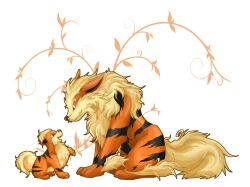  arcanine commentary_request evolutionary_line fang full_body growlithe looking_at_another midori12fawn no_humans open_mouth pokemon pokemon_(creature) pokemon_focus white_background yellow_fur 