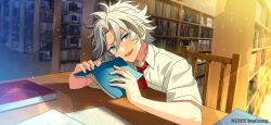  1boy :d absurdres artist_name black_streaks blue_eyes book bookshelf chair curtained_hair dreonya elbows_on_table ensemble_stars! hair_between_eyes head_tilt highres holding holding_book indoors library light_particles looking_at_viewer male_focus multicolored_hair necktie official_style on_chair paper parted_bangs red_necktie school_uniform shirt short_hair short_sleeves sitting smile solo streaked_hair taki_ibuki v-shaped_eyebrows white_hair white_shirt yumenosaki_school_uniform yumenosaki_school_uniform_(summer) 