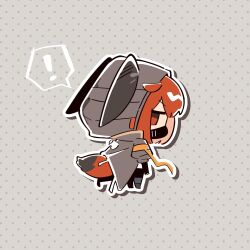  ! 1girl ahoge animal_hood arknights black_shorts chibi chinese_commentary commentary_request crownslayer_(arknights) dopperu_ben from_behind grey_background grey_jacket highres hood hood_up hooded_jacket jacket looking_at_viewer looking_back mask mouth_mask outline red_eyes red_hair shirt short_hair shorts simple_background solo spoken_exclamation_mark standing sticker_(medium) white_outline white_shirt 