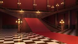  absurdres artist_request banister checkered_floor game_asset highres indoors lamp no_humans scarlet_devil_mansion scenery stairs third-party_source tile_floor tiles touhou touhou_spell_carnival 