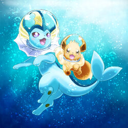  :d bubble cosmicspacekai day eevee fishbowl_helmet highres looking_at_viewer no_humans outdoors pokemon pokemon_(creature) pokemon_focus smile underwater vaporeon 