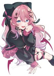  1girl absurdres animal_ear_headwear bandaid bandaid_on_leg black_choker black_leg_warmers black_shorts blue_eyes blush breasts choker commentary_request fangs hair_between_eyes highres kashikaze kuramochi_meruto leg_warmers long_hair long_sleeves looking_at_viewer medium_breasts nail_polish nijisanji o-ring o-ring_thigh_strap official_alternate_costume open_mouth pink_hair pink_nails shorts signature simple_background solo thigh_strap virtual_youtuber white_background 