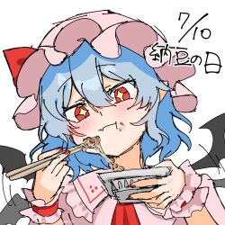  +_+ 1girl aa6jwpe5ji90079 ascot bat_wings blue_hair blush chopsticks closed_mouth commentary_request dated eating fang food food_on_face frilled_wrist_cuffs frills hat hat_ribbon highres holding holding_chopsticks mob_cap nattou pink_hat pink_shirt red_ascot red_eyes red_nails red_wrist_cuffs remilia_scarlet ribbon shirt simple_background skin_fang solo touhou translation_request upper_body white_background wings wrist_cuffs 