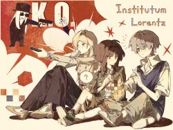  1boy 2girls 30000000000 ? alternate_costume bag bag_of_chips black_sclera black_skirt blue_eyes blue_vest brown_hair brown_shirt chinese_commentary colored_sclera commentary_request controller cup drinking eagle_(reverse:1999) english_text full_body green_eyes green_jacket green_shoes grey_eyes grey_hair grey_pants grey_shirt grey_shoes heterochromia highres holding holding_bag holding_controller holding_cup holding_remote_control indian_style jacket long_hair long_skirt long_sleeves lorentz_butterfly mismatched_sclera multiple_girls on_ground pants remote_control reverse:1999 shirt shoes short_hair short_sleeves sitting skirt smile socks speech_bubble thought_bubble vest white_shirt white_shoes white_socks x_(reverse:1999) yellow_background yellow_eyes 