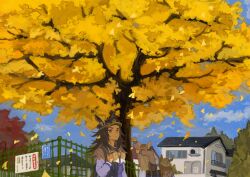  3girls absurdres animal_ears bag beanie blue_sky bow brown_hair ears_through_headwear falling_leaves fence fenomeno_(umamusume) flipped_hair ginkgo_leaf ginkgo_tree gold_ship_(umamusume) hat highres horse_ears horse_girl horseshoe_hat_ornament horseshoe_ornament house leaf long_hair long_sleeves looking_up medium_hair multiple_girls nakayama_festa_(umamusume) outdoors peaked_cap pillbox_hat pineconete school_bag school_uniform shade shoulder_bag sign sky stretching tracen_school_uniform tree umamusume upper_body violet_eyes white_bow white_hair winter_uniform 