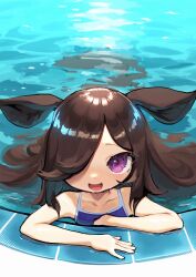  1girl aged_down animal_ears brown_hair child commentary english_commentary eyelashes hair_over_one_eye highres horse_ears horse_girl light_blush long_hair looking_at_viewer open_mouth partially_submerged pool protodesu rice_shower_(umamusume) school_swimsuit smile solo swimming swimsuit umamusume violet_eyes water 