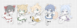  5boys :d :| ;d absurdres alkaid_mcgrath animal_ears apron aqua_eyes ayn_alwyn black_hair blonde_hair blue_eyes blue_hair blue_skirt broom cael_anselm cat_ears chibi chibi_only clarence_clayden closed_mouth collared_shirt commentary crossdressing crossdressing_(mtf) curtained_hair dot_mouth enmaided expressionless extra_ears fox_ears full_body green_eyes green_ribbon green_skirt grey_background grid_background hair_between_eyes highres holding holding_broom kemonomimi_mode lars_rorschach lineup lion_ears long_hair long_sleeves looking_at_viewer lovebrush_chronicles low_ponytail maid maid_apron male_focus male_maid medium_hair medium_skirt mole mole_under_eye multiple_boys neck_ribbon one_eye_closed outline parted_bangs partially_colored ponytail purple_skirt raccoon_ears red_eyes red_ribbon red_skirt ribbon shirt short_hair skirt smile sweatdrop untranslatable_commentary violet_eyes watermark weibo_watermark white_apron white_hair white_outline white_ribbon white_shirt yellow_skirt youl_0014 