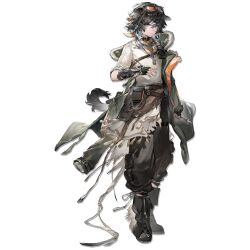  1boy animal_ears arknights arrow_(projectile) baggy_pants bandana bandana_around_neck belt belt_pouch black_collar black_gloves black_hair blue_bandana boots brown_belt brown_boots brown_pants closed_mouth coat collar colored_inner_hair crossbow dog_boy dog_ears dog_tail earrings elbow_gloves fingerless_gloves floppy_ears full_body fur-trimmed_coat fur_trim gloves goggles goggles_on_head green_coat grey_eyes hair_between_eyes highres holding holding_arrow jewelry leg_belt light_smile long_shirt looking_at_viewer messy_hair multicolored_hair multiple_belts necklace official_art orange_goggles pants pedro_(arknights) pouch ring shirt short_hair shoulder_belt simple_background single_earring skolly sleeve_belt sleeve_rolled_up solo standing tachi-e tail tassel tassel_earrings third-party_source torn_clothes torn_shirt transparent_background two-tone_bandana two-tone_hair walkie-talkie weapon white_hair white_shirt yellow_bandana 