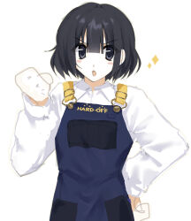  1girl 2000s_(style) :o absurdres black_eyes black_hair blue_overalls blunt_bangs blush_stickers clenched_hands collared_shirt commentary_request copyright_name employee_uniform english_text hand_on_own_hip hard-off highres long_sleeves looking_at_viewer mizuno_(mizunomageko) naoshima_kurumi open_mouth overalls puffy_long_sleeves puffy_sleeves shirt short_hair simple_background sketch solo sparkle upper_body v-shaped_eyebrows white_background white_shirt 
